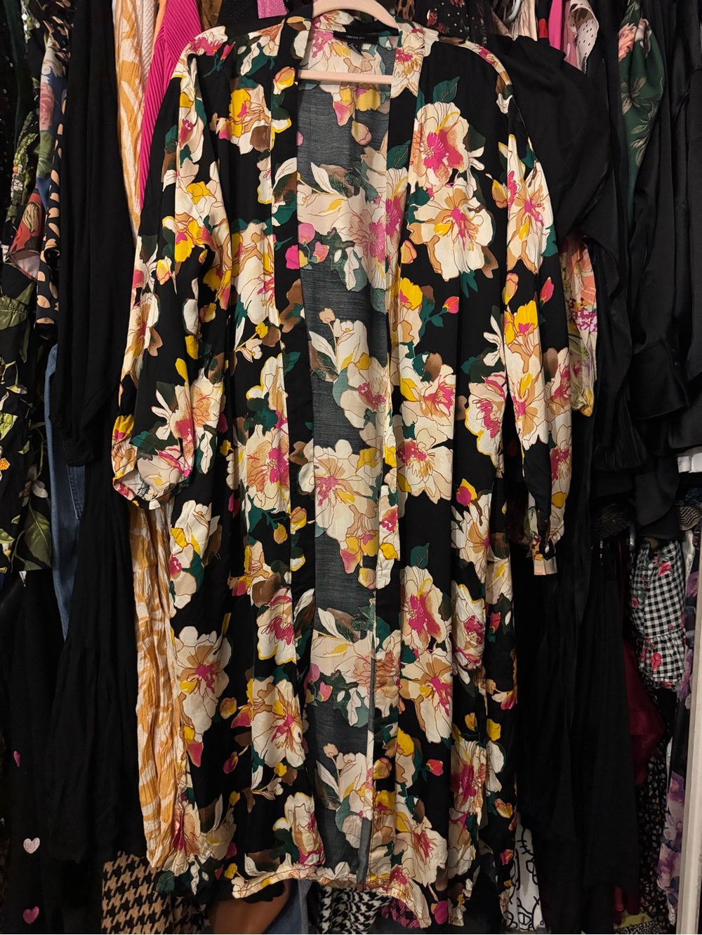 Forever 21 Black Floral Long Sleeve Kimono
